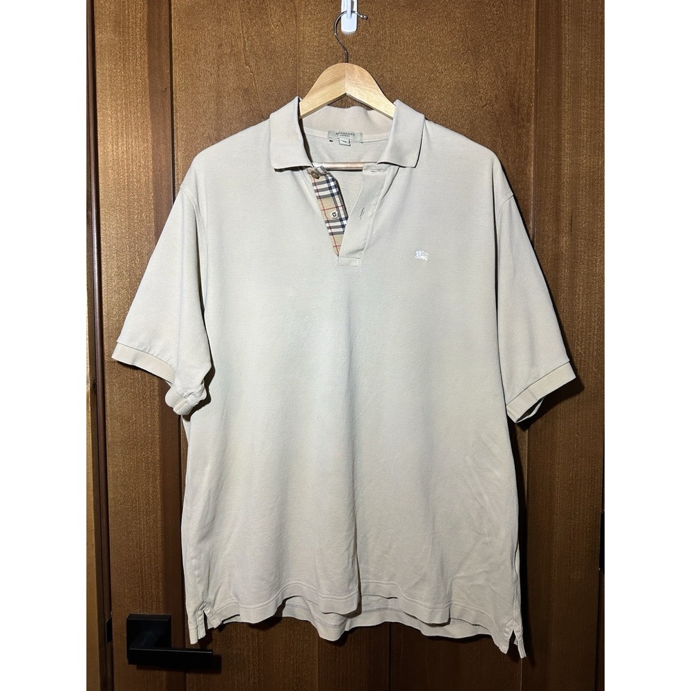 Burberry London Men's XL Beige Polo Shirt Nova Check Placket Cotton Luxury